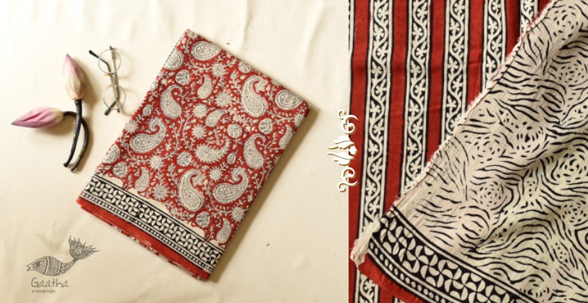 Cotton 3 PC Unstitched Kota Doria Dupatta Red Bagru Print Geometric Pattern  Suit | Kishori