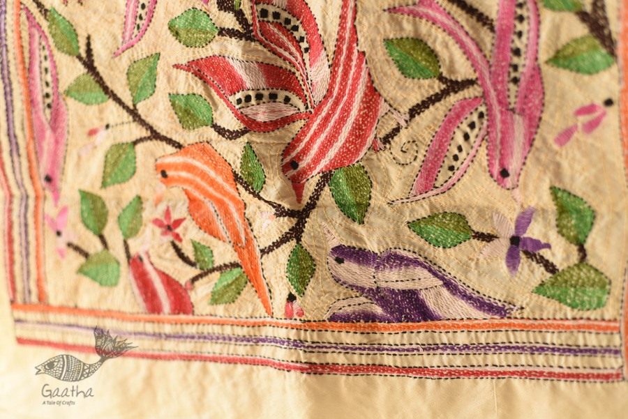 Kantha Tussar Silk Stole - Embroidered