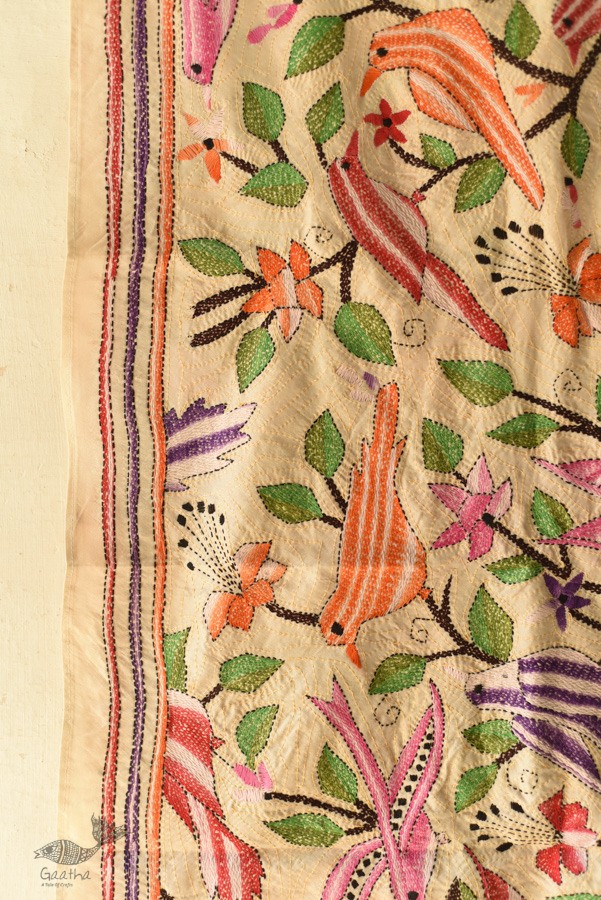 Kantha Tussar Silk Stole - Embroidered