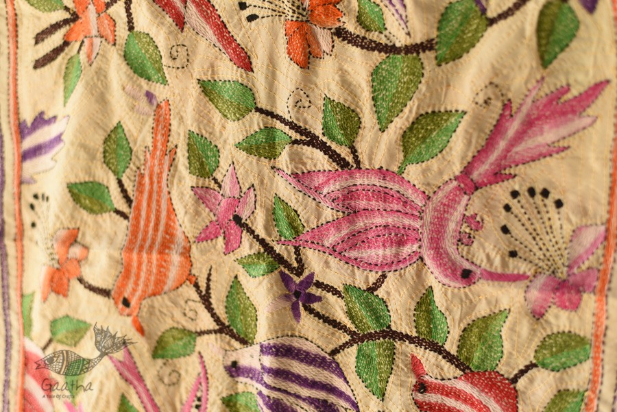 Kantha Tussar Silk Stole - Embroidered