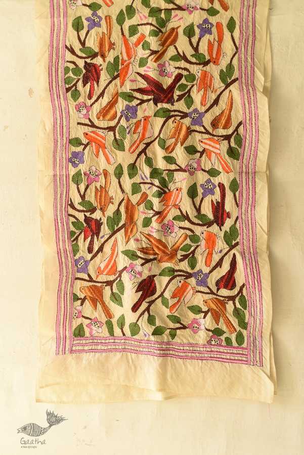 Kantha Tussar Silk Stole - Embroidered