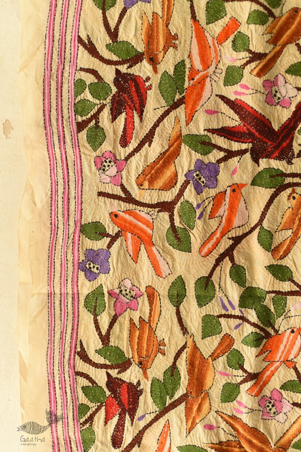 Kantha Tussar Silk Stole - Embroidered