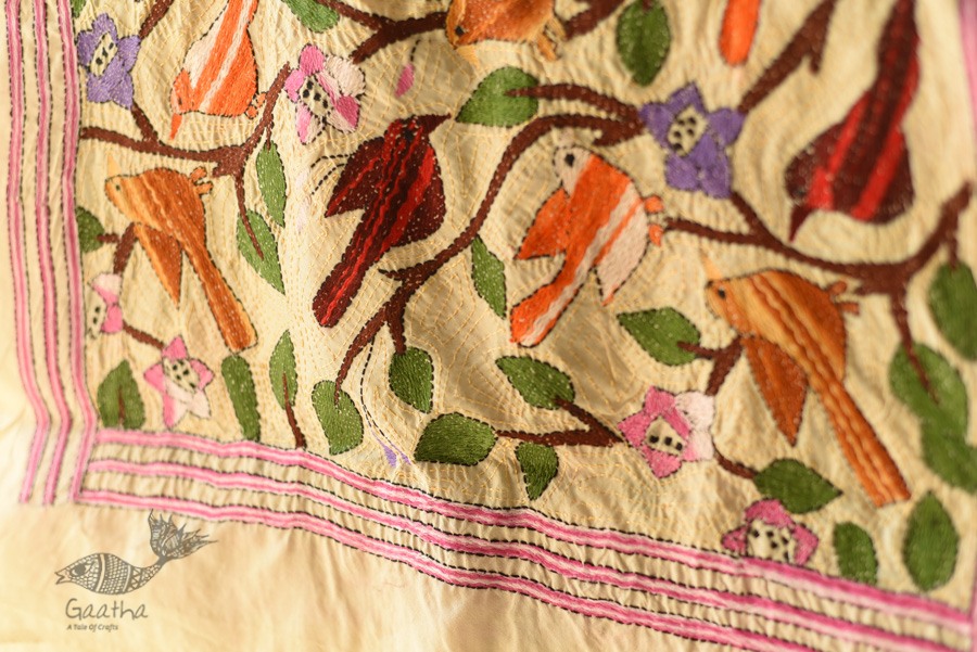 Kantha Tussar Silk Stole - Embroidered