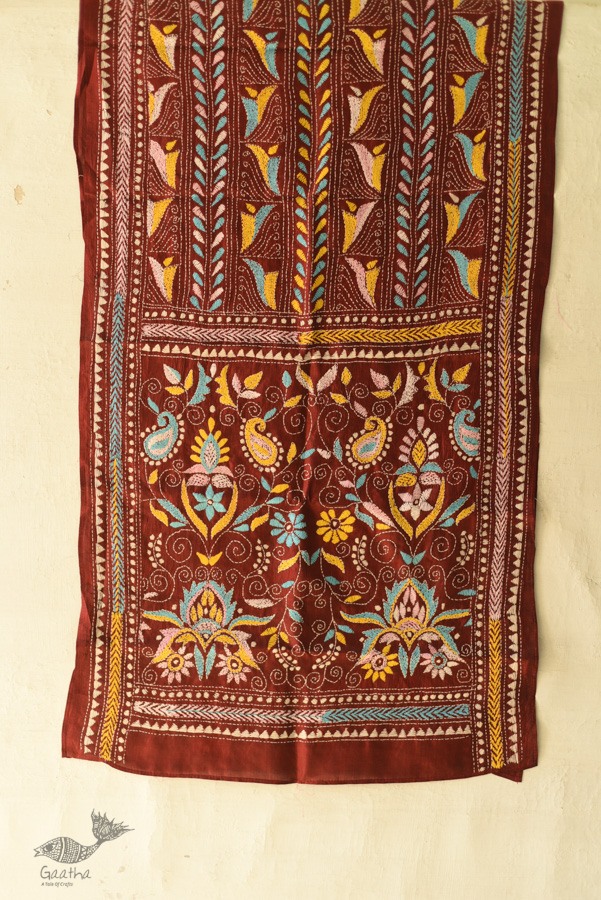  Kantha Silk Stole - Embroidered Maroon