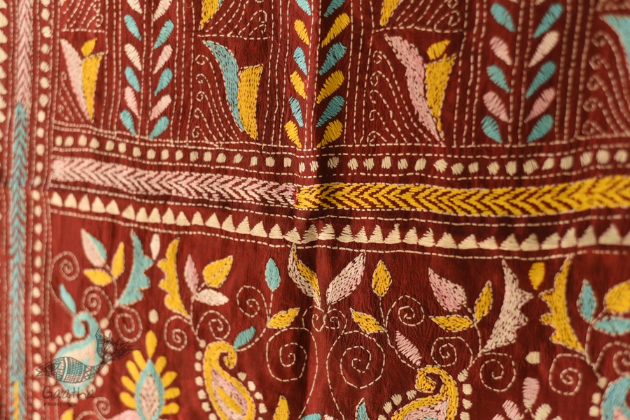  Kantha Silk Stole - Embroidered Maroon