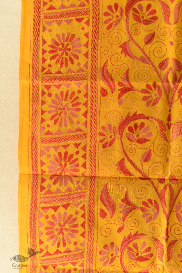  Kantha Silk Stole - Embroidered Yellow