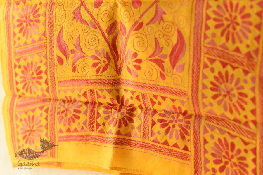  Kantha Silk Stole - Embroidered Yellow