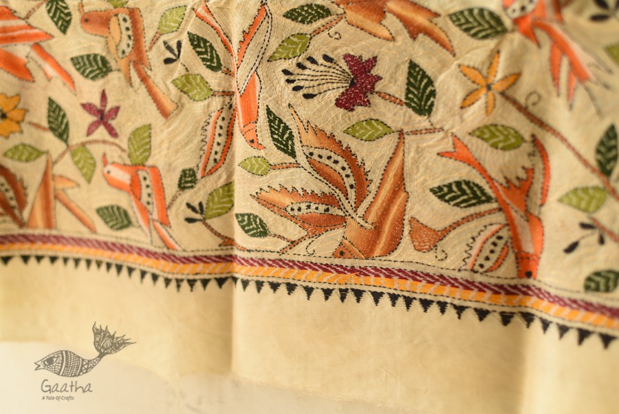 Kantha Tussar Silk Hand Embroidered Dupatta - Sparrows