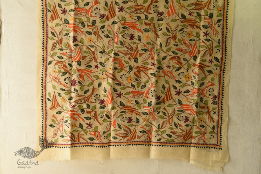 Kantha Tussar Silk Hand Embroidered Dupatta - Sparrows