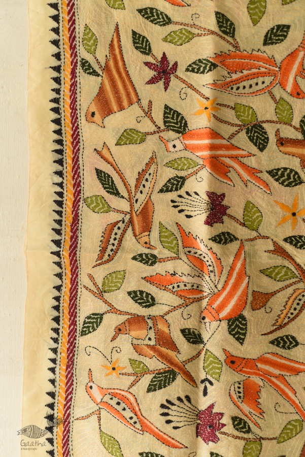 Kantha Tussar Silk Hand Embroidered Dupatta - Sparrows