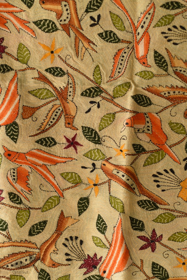 Kantha Tussar Silk Hand Embroidered Dupatta - Sparrows