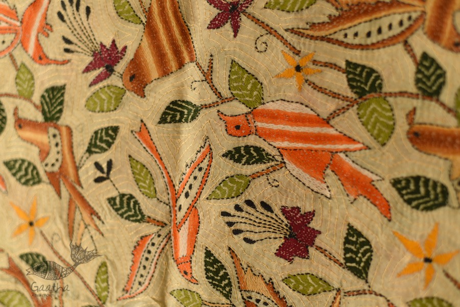 Kantha Tussar Silk Hand Embroidered Dupatta - Sparrows