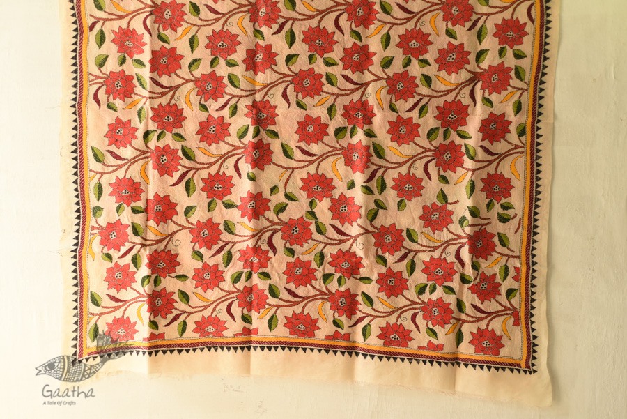 Kantha Tussar Silk Hand Embroidered Dupatta ~ Red Flowers All Over