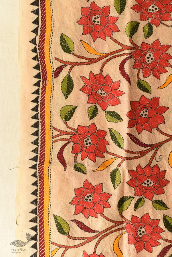 Kantha Tussar Silk Hand Embroidered Dupatta ~ Red Flowers All Over