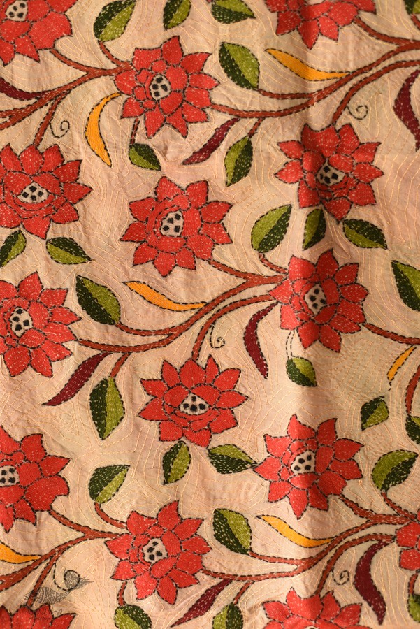 Kantha Tussar Silk Hand Embroidered Dupatta ~ Red Flowers All Over