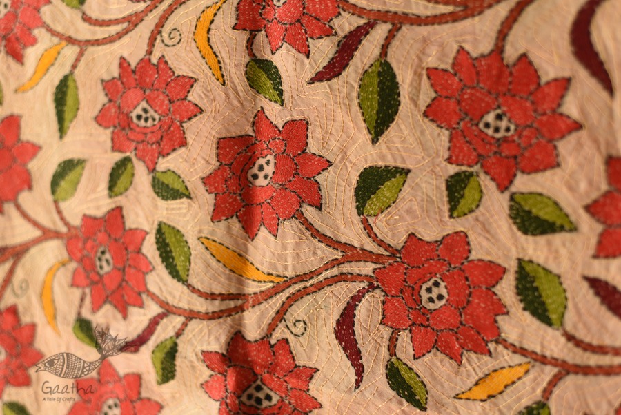 Kantha Tussar Silk Hand Embroidered Dupatta ~ Red Flowers All Over