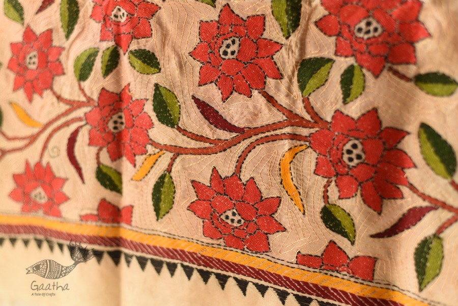 Kantha Tussar Silk Hand Embroidered Dupatta ~ Red Flowers All Over