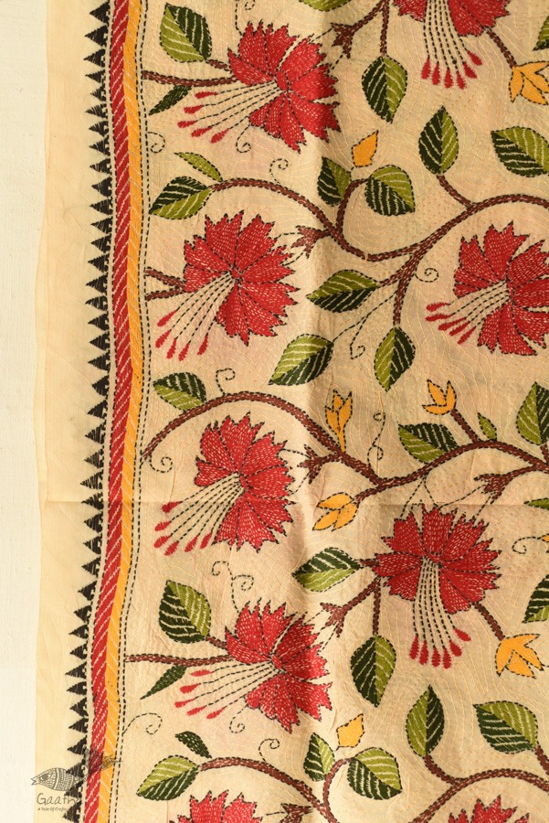 Kantha Tussar Silk Dupatta ~ Hibiscus Flowers Embroidered