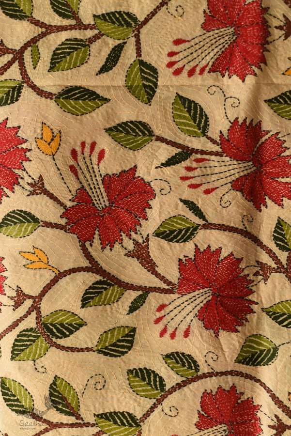 Kantha Tussar Silk Dupatta ~ Hibiscus Flowers Embroidered