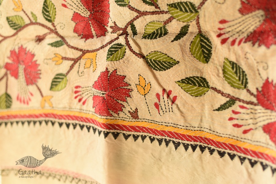 Kantha Tussar Silk Dupatta ~ Hibiscus Flowers Embroidered