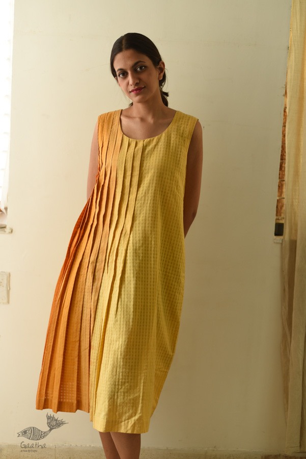 shop Handloom Yellow Shaded Self Checks Dress