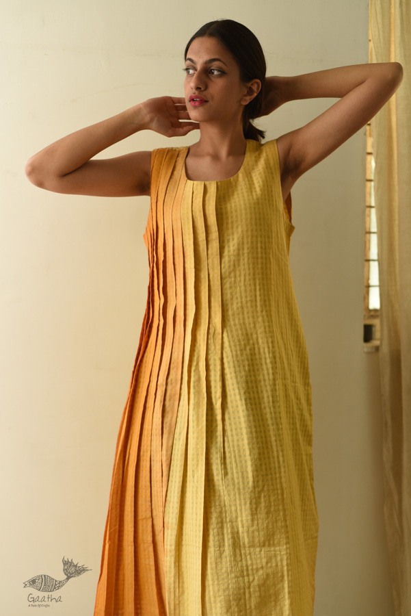 shop Handloom Yellow Shaded Self Checks Dress