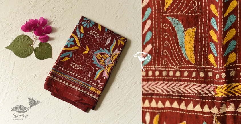  Kantha Silk Stole - Embroidered Maroon