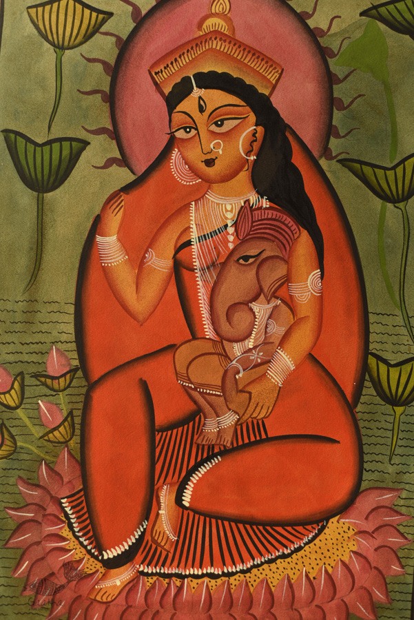 original kalighat painting gauri with ganesh