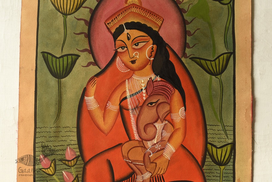 original kalighat painting gauri with ganesh