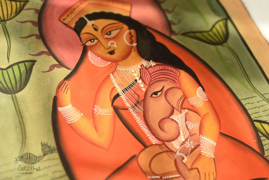 original kalighat painting gauri with ganesh