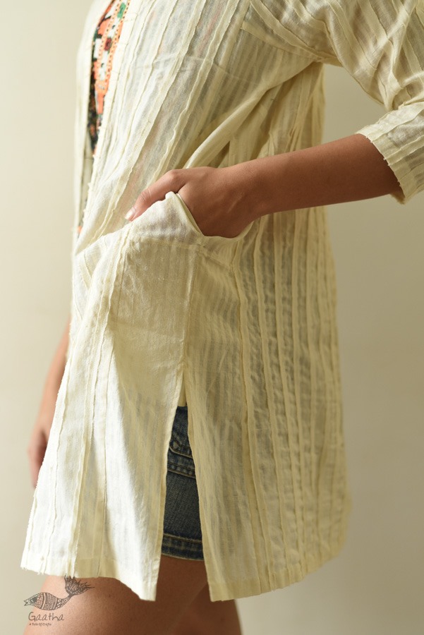 shop Handwoven Off White Cotton Self Checks Shrug