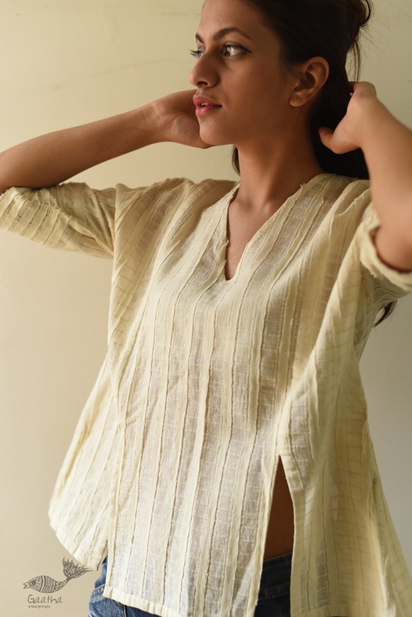 shop Handloom Self Checks Cotton - Off White Top