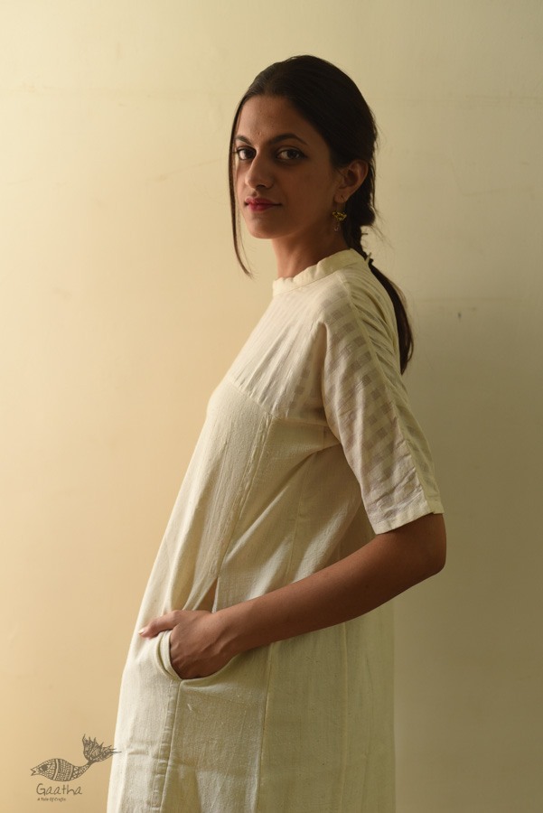 shop Handloom Self Off White Cotton - Dress