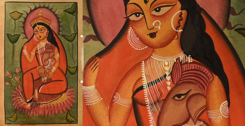 original kalighat painting gauri with ganesh