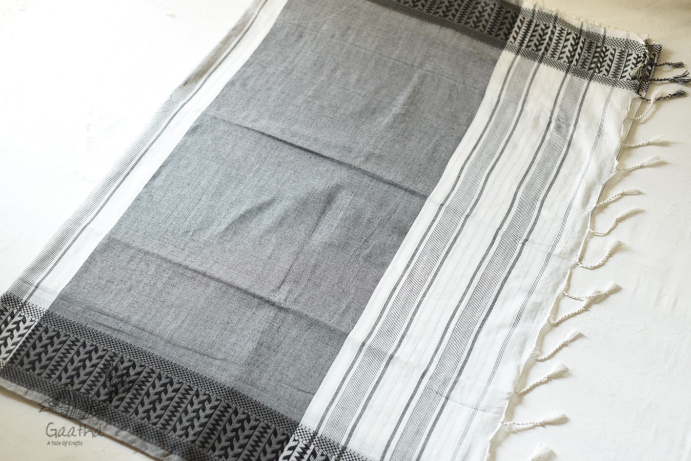 Traditional Bengali cotton Saree  - White With Black Stripes