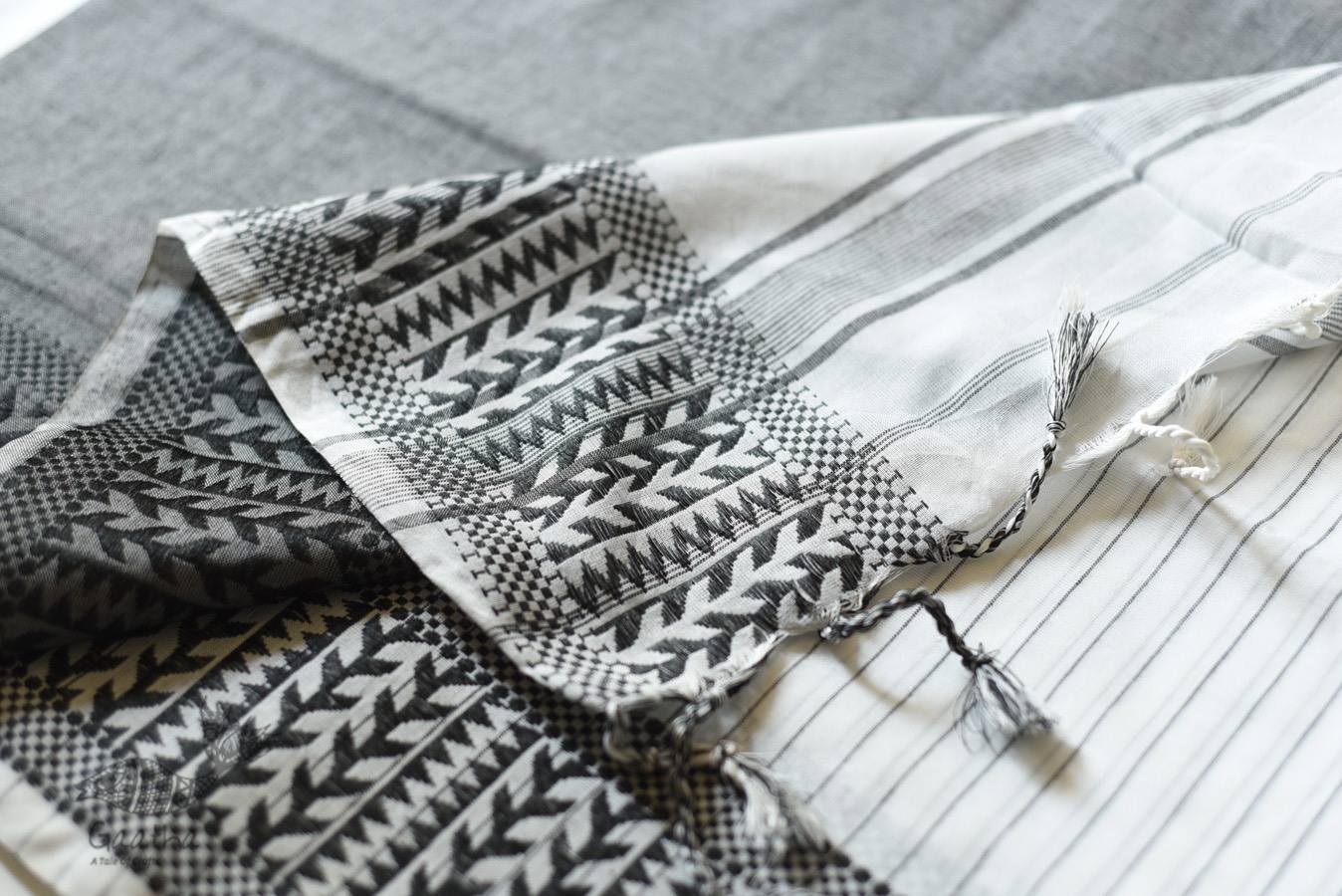 Traditional Bengali cotton Saree  - White With Black Stripes