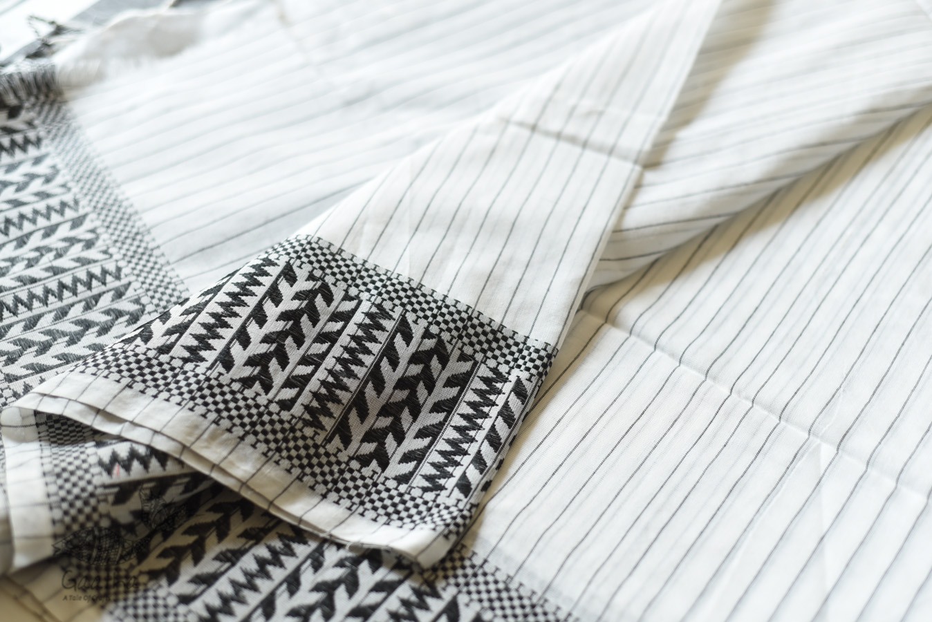 Traditional Bengali cotton Saree  - White With Black Stripes