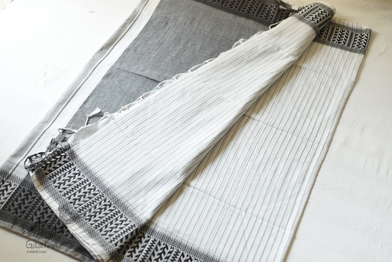 Traditional Bengali cotton Saree  - White With Black Stripes