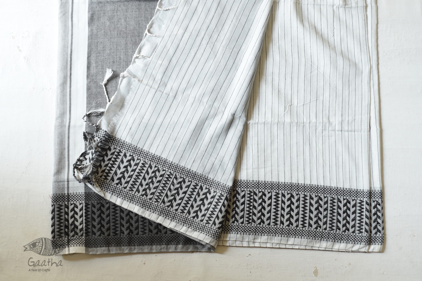 Traditional Bengali cotton Saree  - White With Black Stripes
