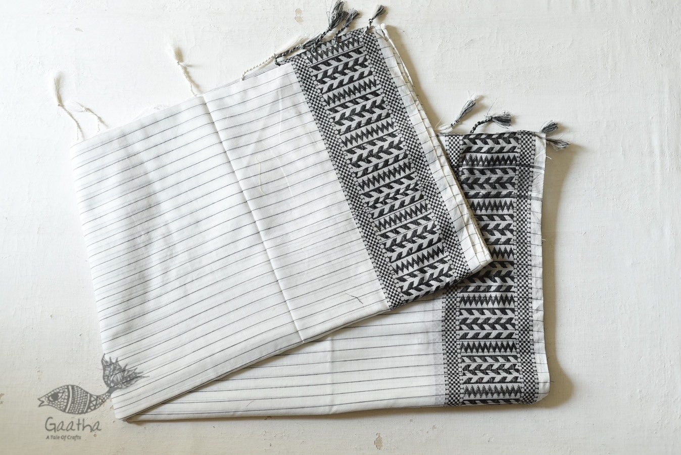 Traditional Bengali cotton Saree  - White With Black Stripes