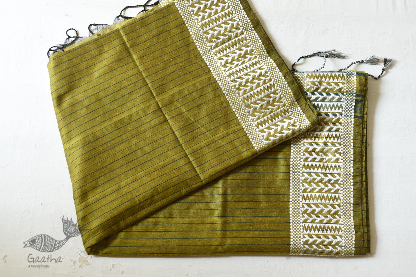 Traditional Bengali cotton Green Striped Saree