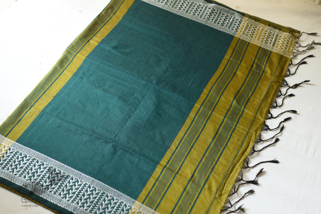 Traditional Bengali cotton Green Striped Saree