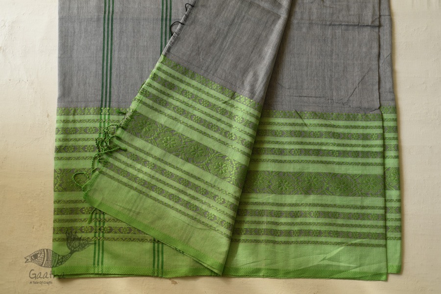 Traditional Bengali cotton saree - Grey With Green Woven Border