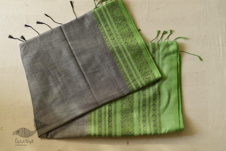 Traditional Bengali cotton saree - Grey With Green Woven Border