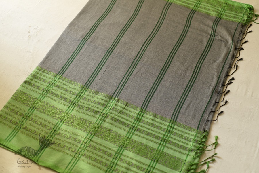 Traditional Bengali cotton saree - Grey With Green Woven Border