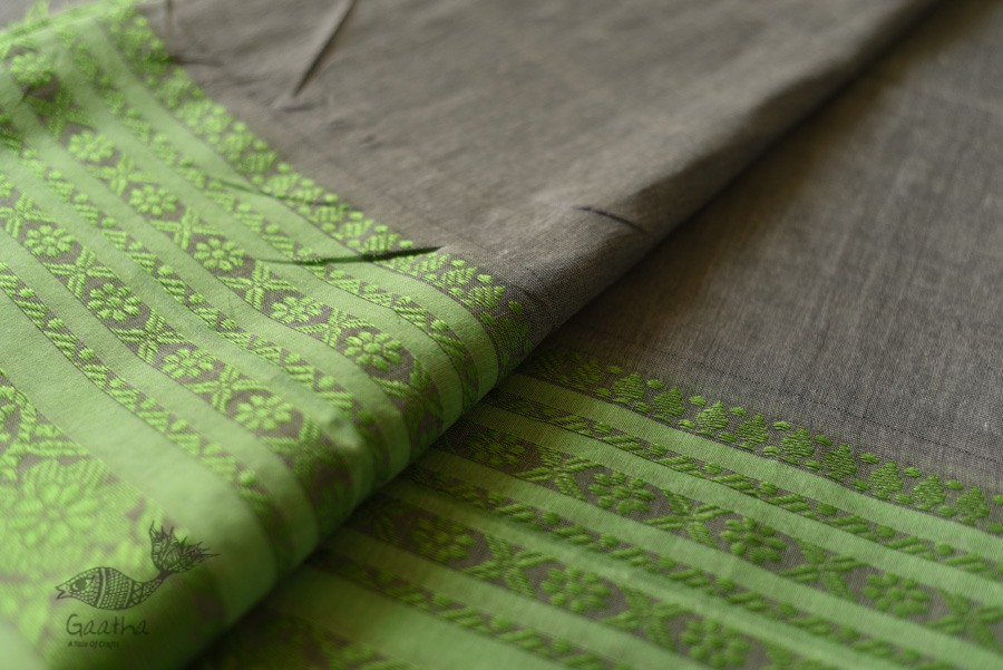 Traditional Bengali cotton saree - Grey With Green Woven Border