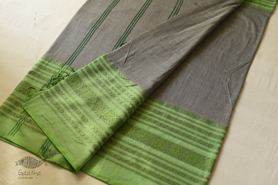 Traditional Bengali cotton saree - Grey With Green Woven Border