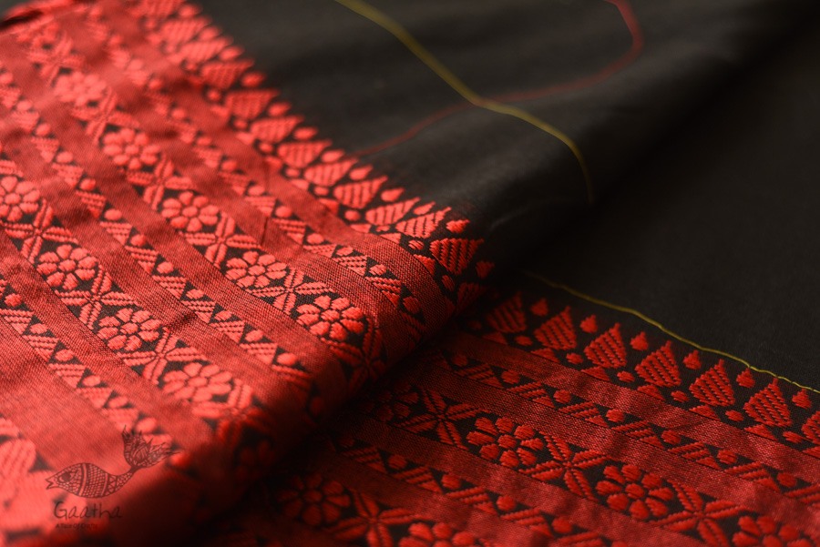 Traditional Bengali cotton Black With Red Woven Border Saree