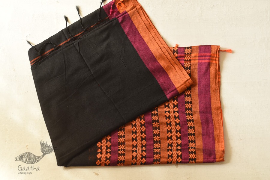 Handloom Cotton Bengali Saree  - Black with Woven Border