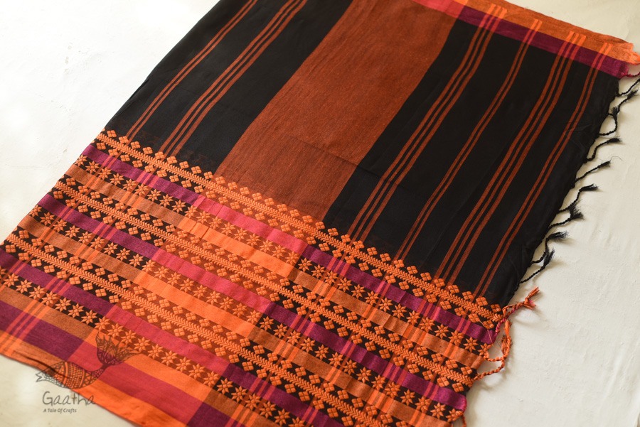 Handloom Cotton Bengali Saree  - Black with Woven Border